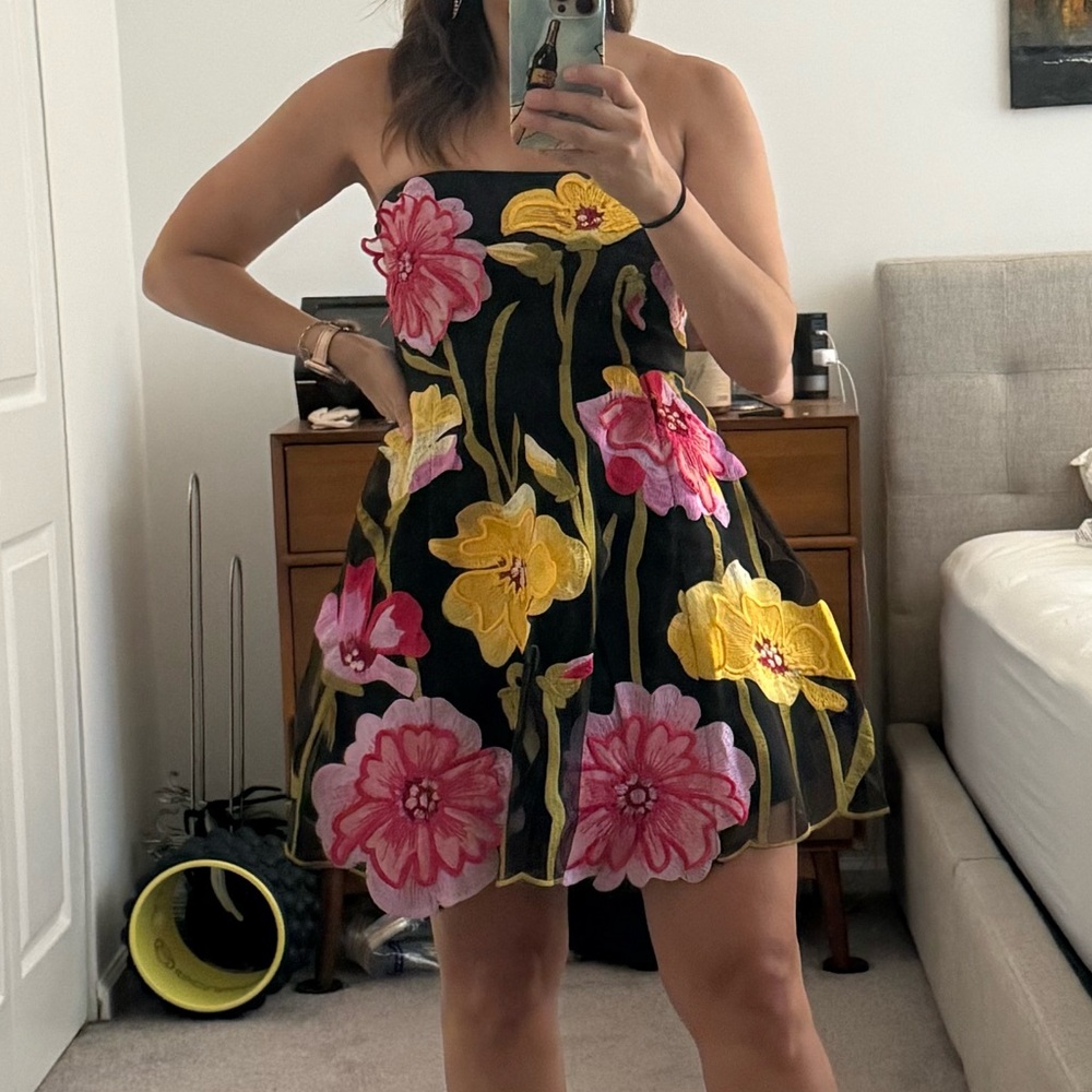 BY ANTHROPOLOGIE STRAPLESS FLORAL ORGANZA MINI DRESS